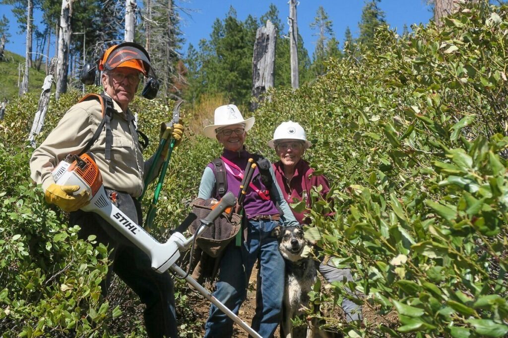 three people in hardhats with trail tools in the bushes